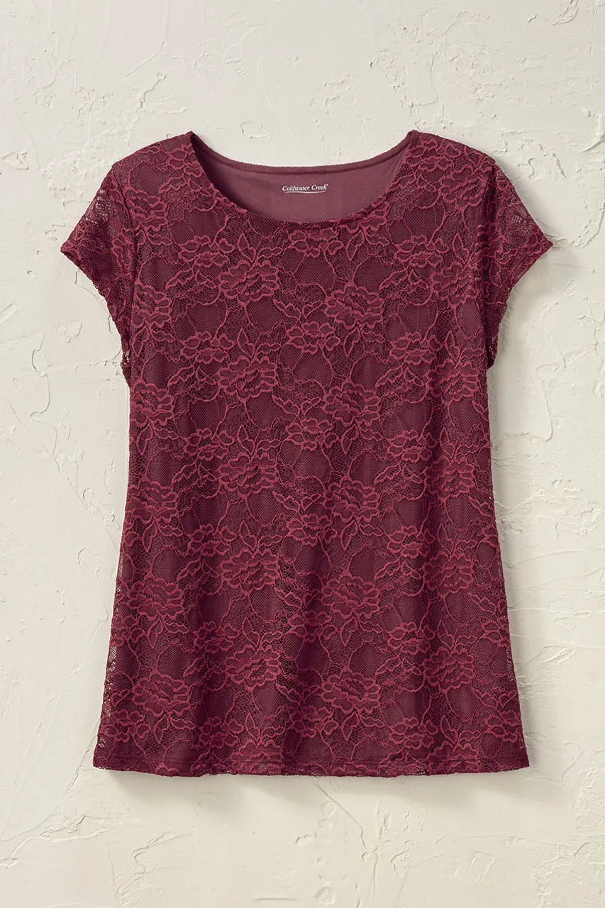 Cap-Sleeve Stretch Lace Tee