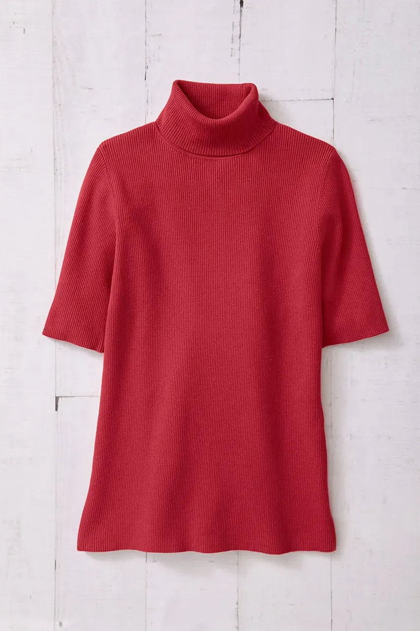 Elbow-Sleeve Ribbed Turtleneck