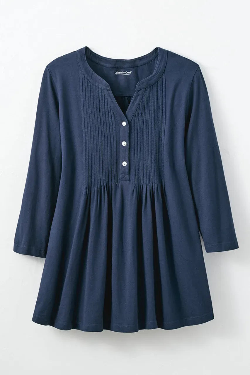 Pintucked Knit Henley A-line Tunic