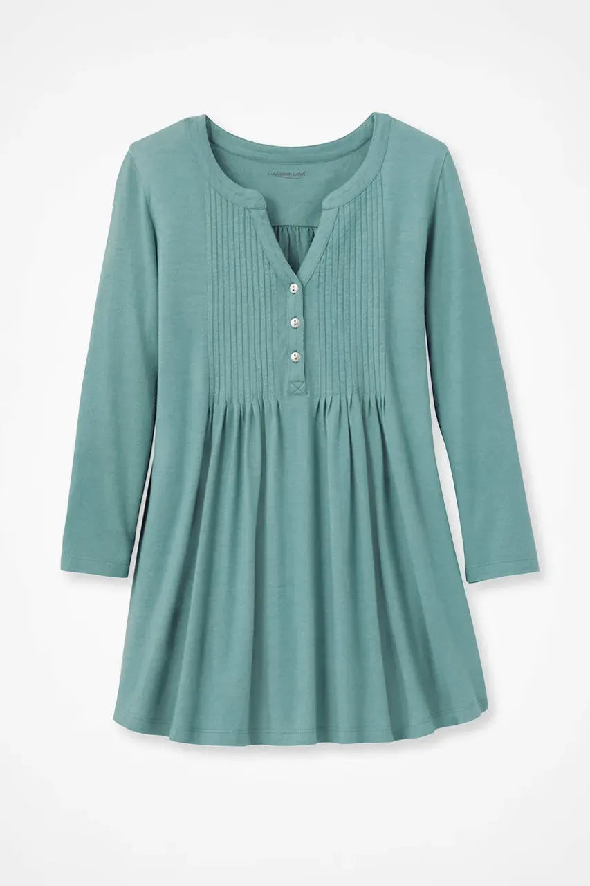 Pintucked Knit Henley A-line Tunic