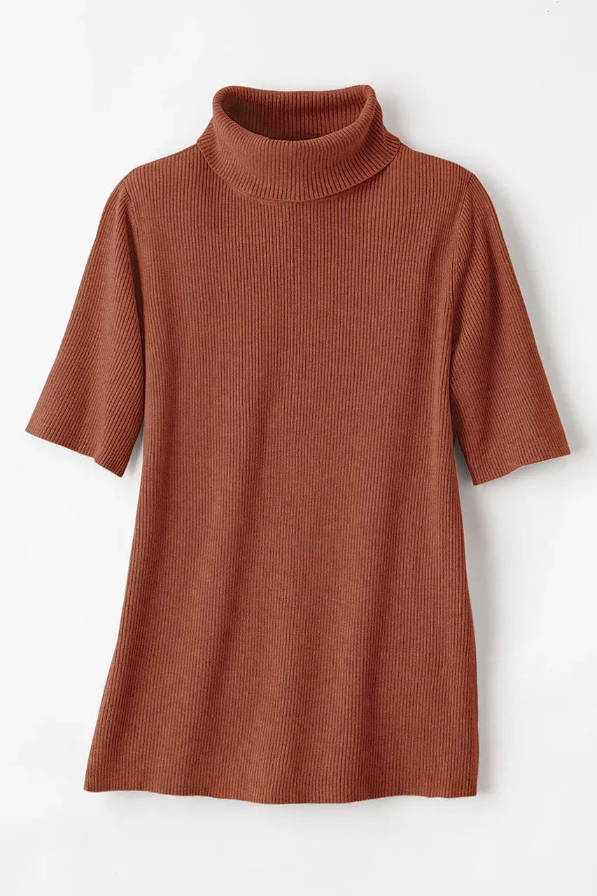 Elbow-Sleeve Ribbed Turtleneck