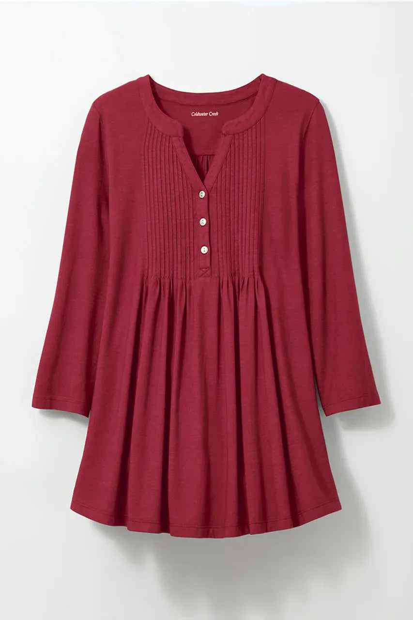 Pintucked Knit Henley A-line Tunic