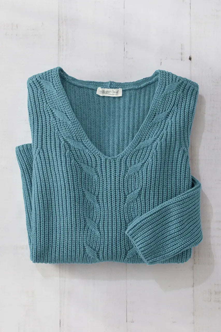 Cabled V-Neck Shaker Sweater